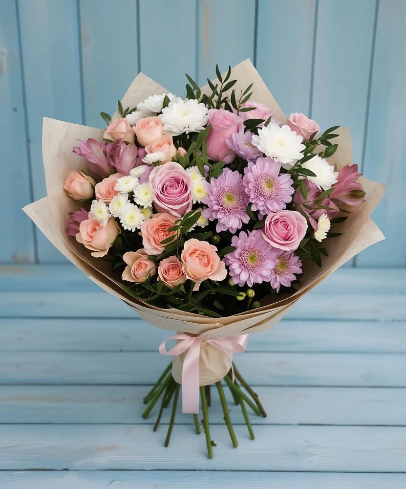 Букет цветов из: Хризантемы, Розы и Альстромерии в Шале