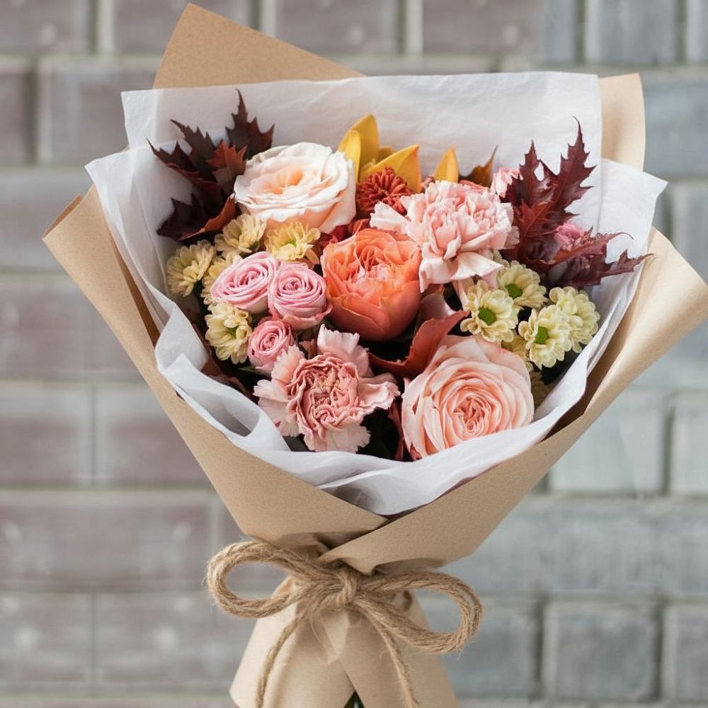 Букет цветов из: Гвоздики, Хризантемы и Розы в Шале