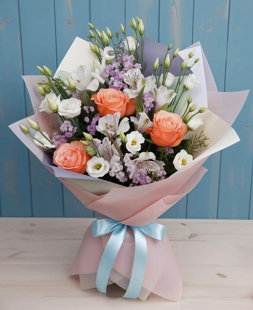 Букет цветов из: Лизиантусы, Розы, Альстромерии и Гипсофила в Шале