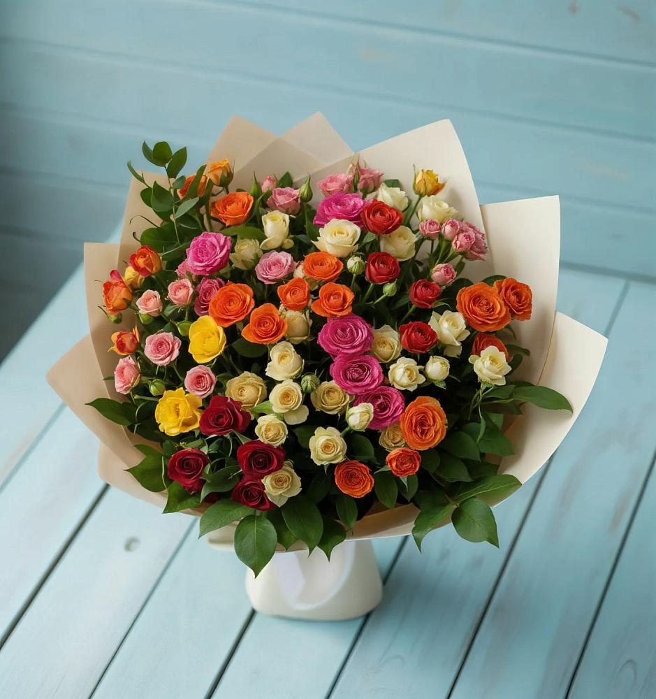 Букет Микс из разноцветных кустовых роз в Шале