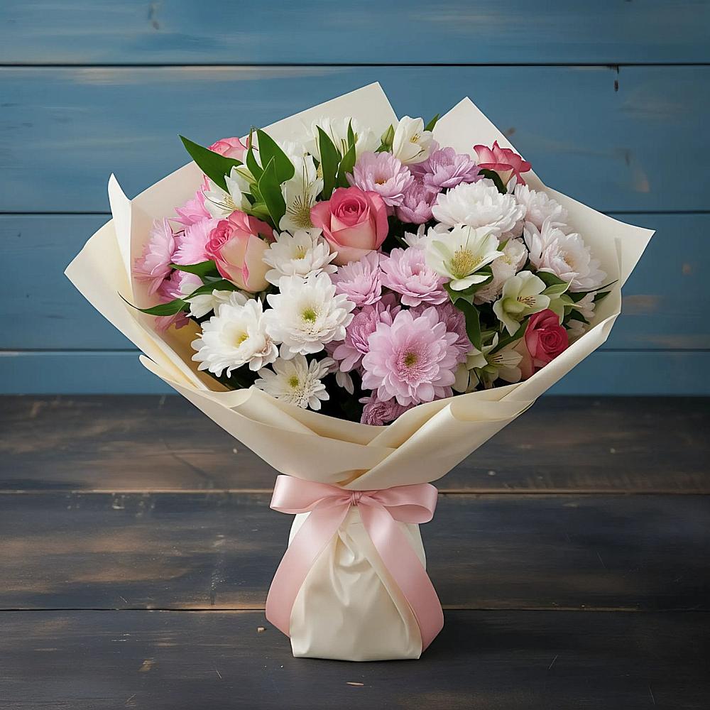 Букет цветов из: Хризантемы, Альстромерии и Розы в Шале